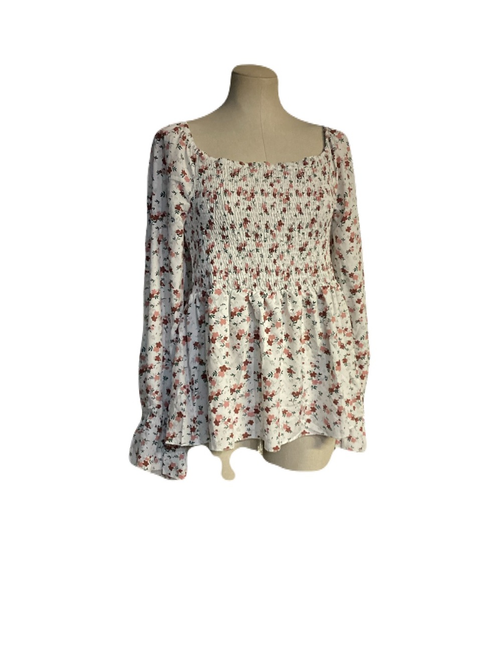 Smocked Square-Neck Floral Blouse - White with Red Floral